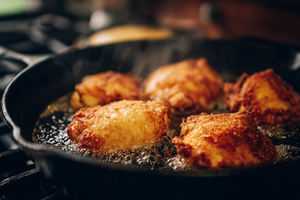 Crispy chicken frying for Chicken Caesar Croissant Sandwich in a cast iron skillet