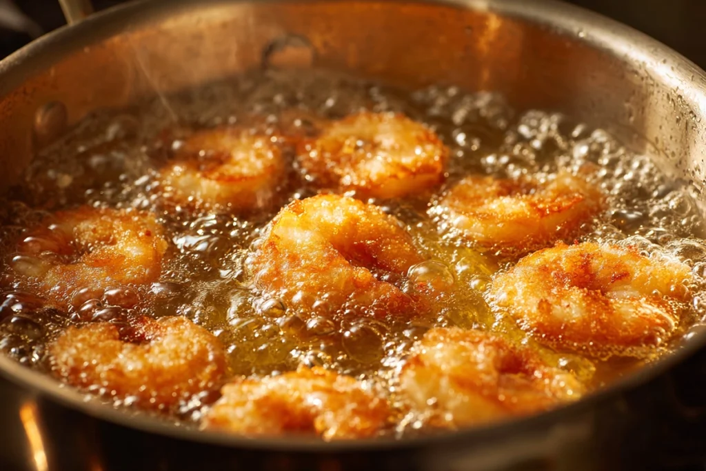 Perfect Panko Shrimp frying until golden and crispy in hot oil