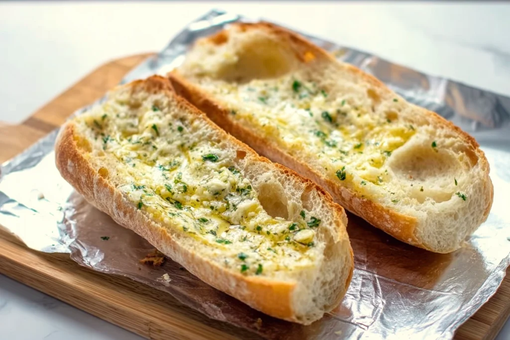 Ciabatta halves spread with garlic butter for cheesy garlic bread sloppy joe melts