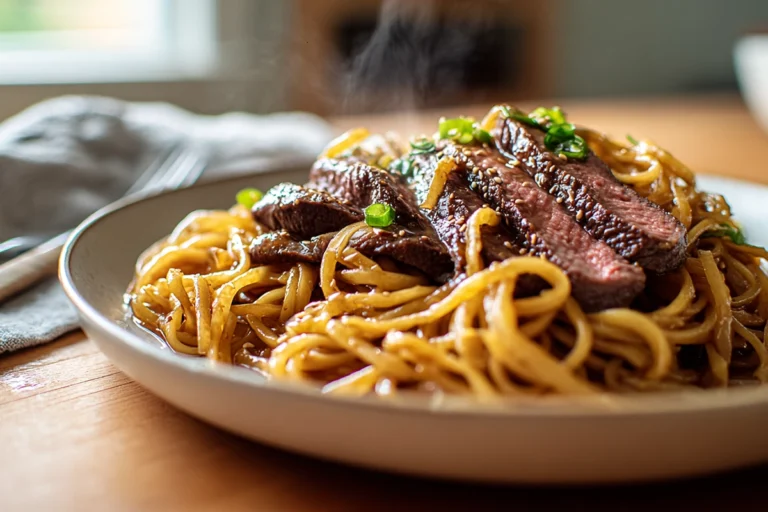 Garlic Butter Steak Lightning Noodles served on a ceramic plate in a cozy home kitchen