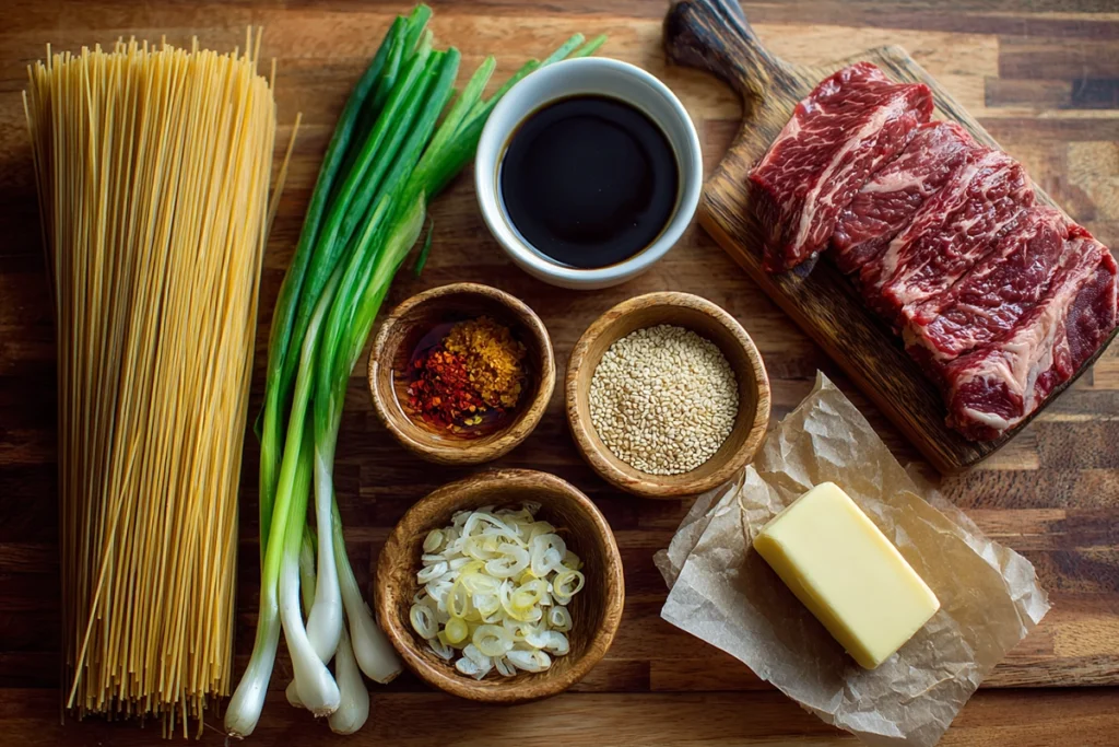 Ingredients for Garlic Butter Steak Lightning Noodles arranged overhead on a wooden counter