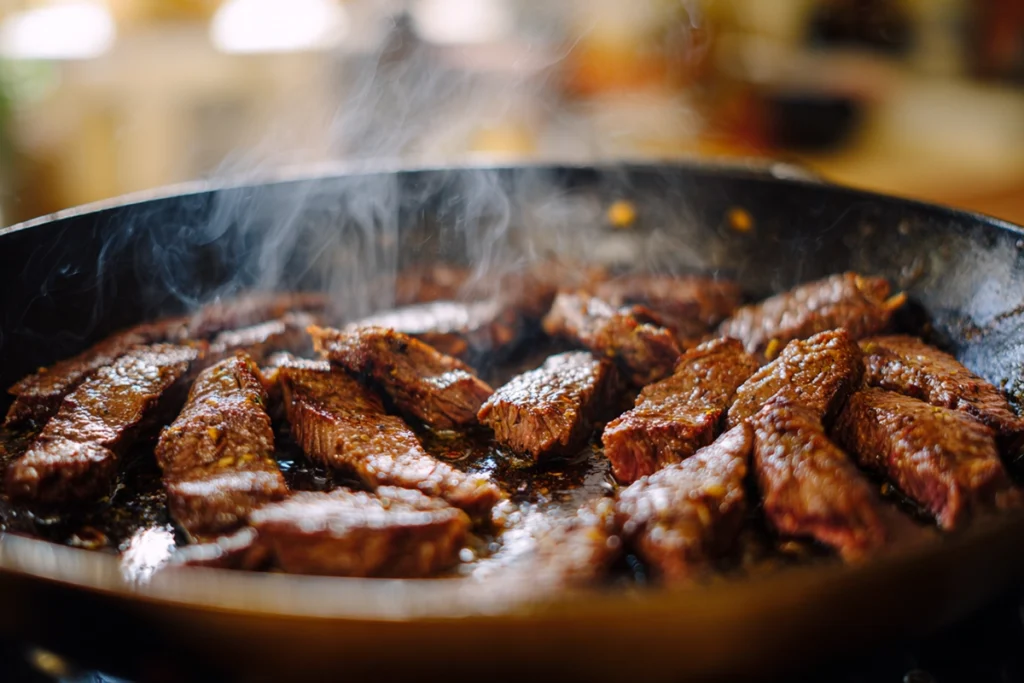 Steak searing in a skillet for Garlic Butter Steak Lightning Noodles