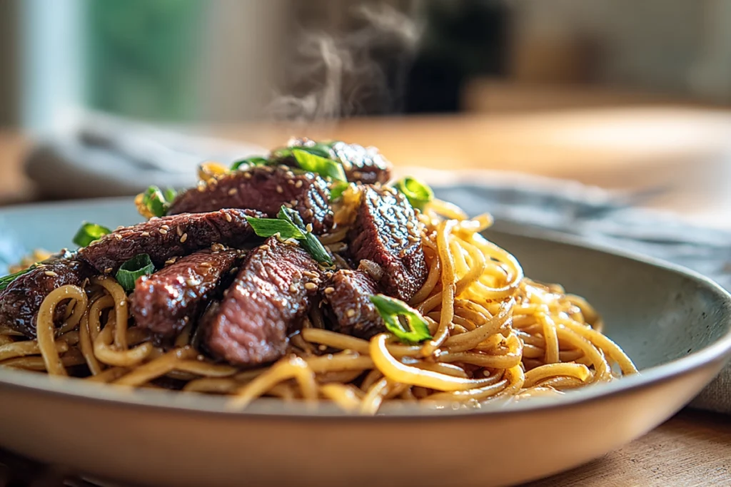 Steaming bowl of Garlic Butter Steak Lightning Noodles ready to eat