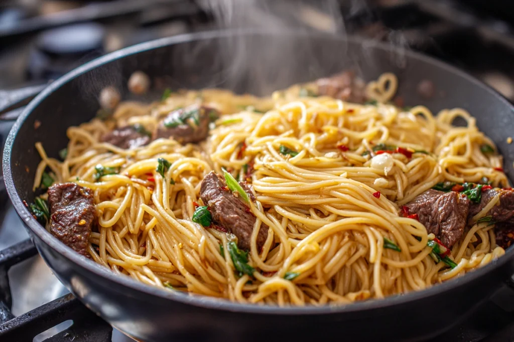 Noodles tossed with steak and garlic butter sauce for Garlic Butter Steak Lightning Noodles
