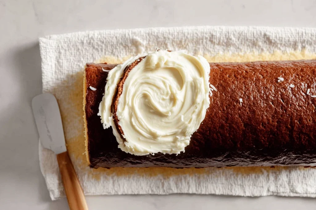 Spreading coconut pecan filling on German Chocolate Cake Roll sponge