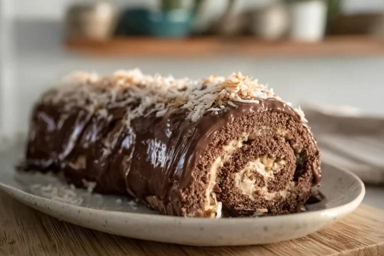 German Chocolate Cake Roll with coconut pecan filling and chocolate ganache on a ceramic plate
