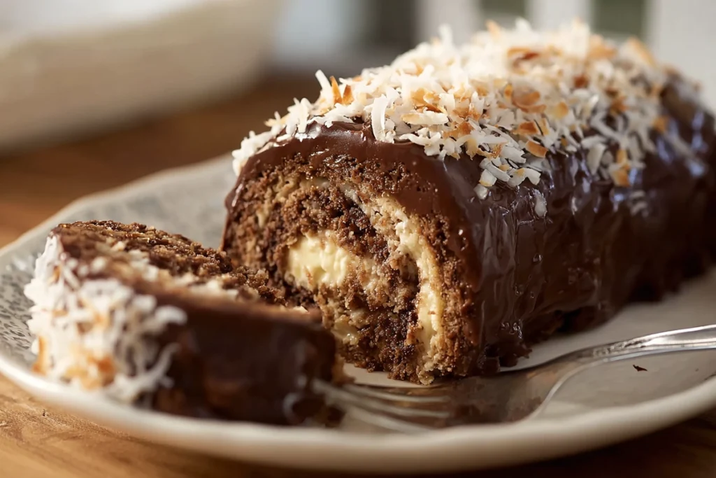 Slice of German Chocolate Cake Roll served on a dessert plate
