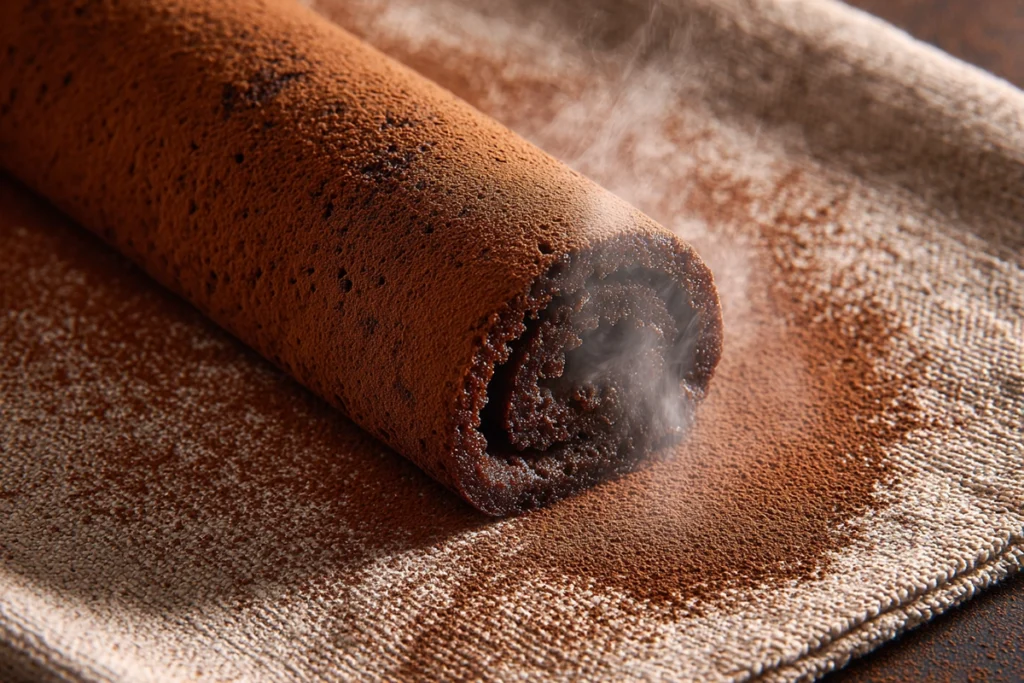 Rolling the warm sponge for a German Chocolate Cake Roll using a kitchen towel