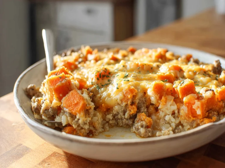 Ground Turkey Sweet Potato Casserole Recipe served warm on a ceramic plate