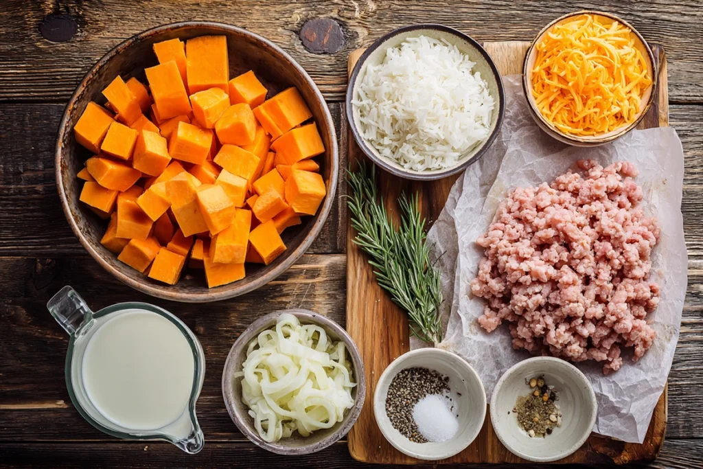 Ingredients for Ground Turkey Sweet Potato Casserole Recipe arranged on a kitchen counter