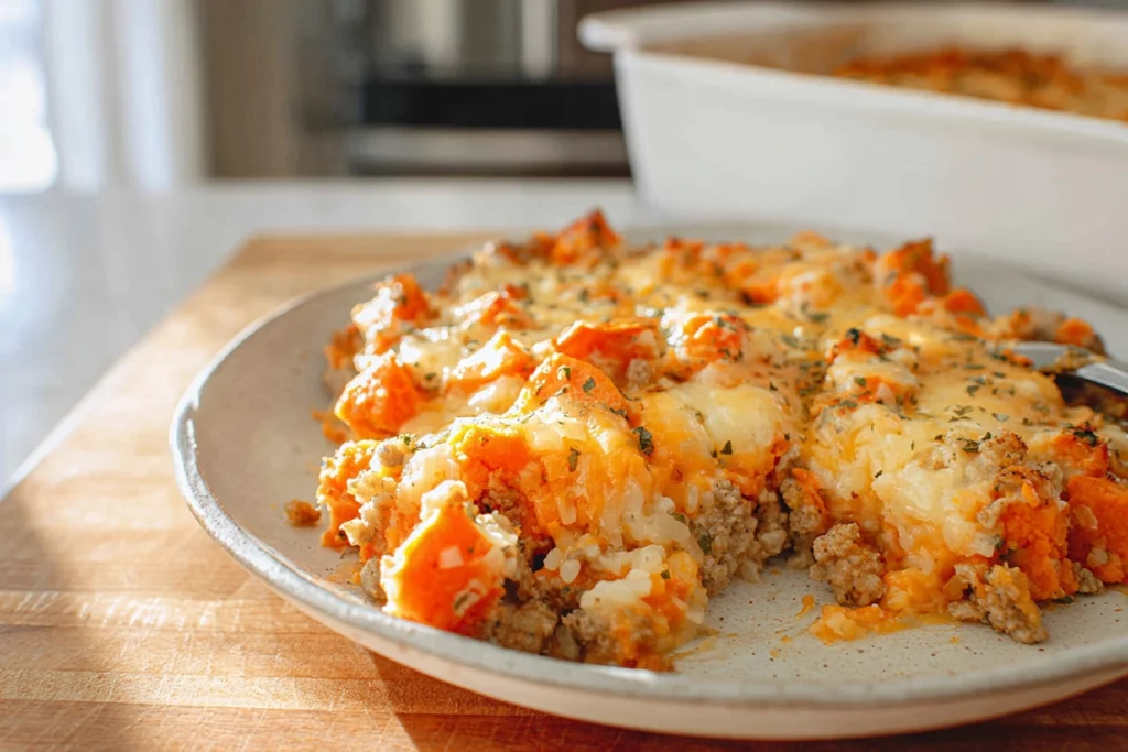 Ground Turkey Sweet Potato Casserole Recipe served warm straight from the dish