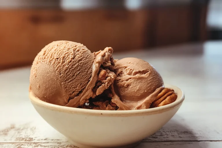 Healthy chocolate nice cream served in a ceramic bowl on a cozy kitchen counter