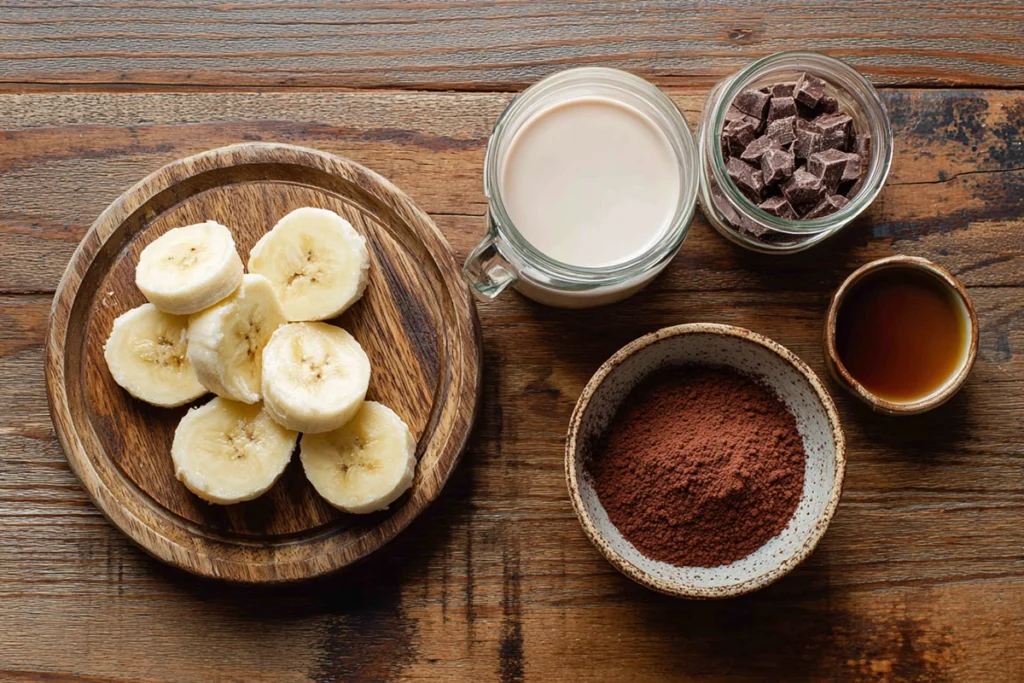 Ingredients for healthy chocolate nice cream arranged on a wooden surface