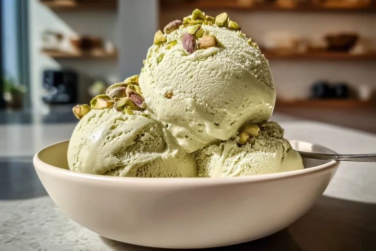 High Protein Pistachio Ice Cream served in a modern ceramic bowl