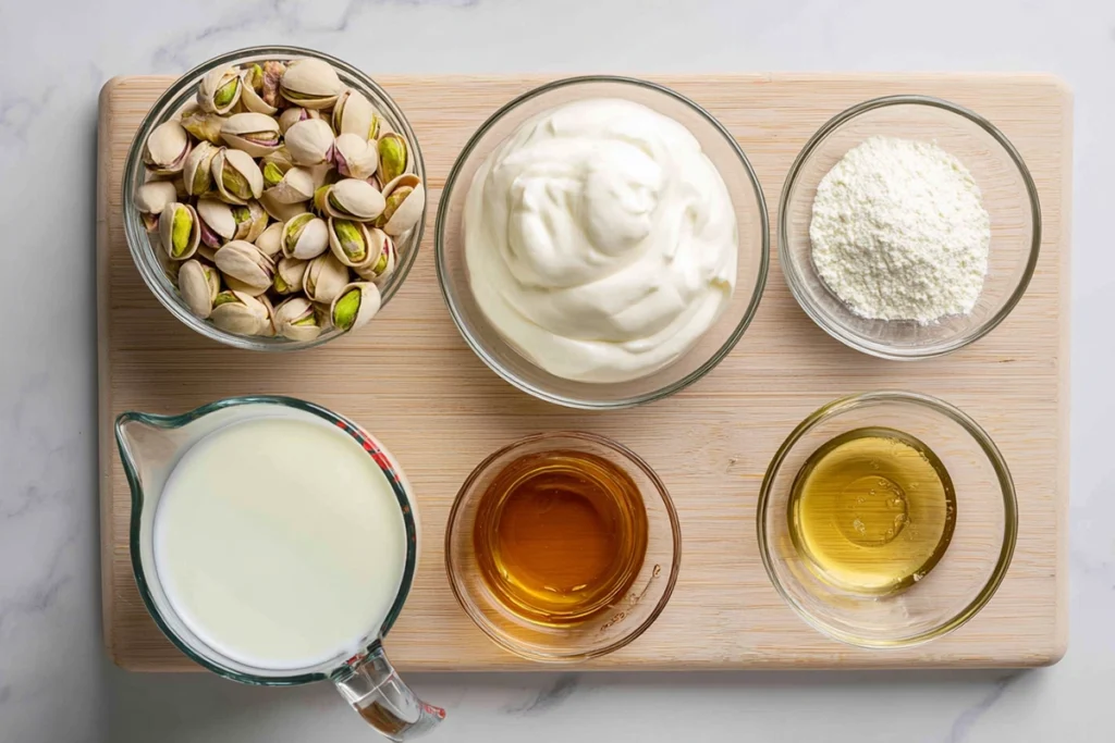 Ingredients for High Protein Pistachio Ice Cream arranged overhead