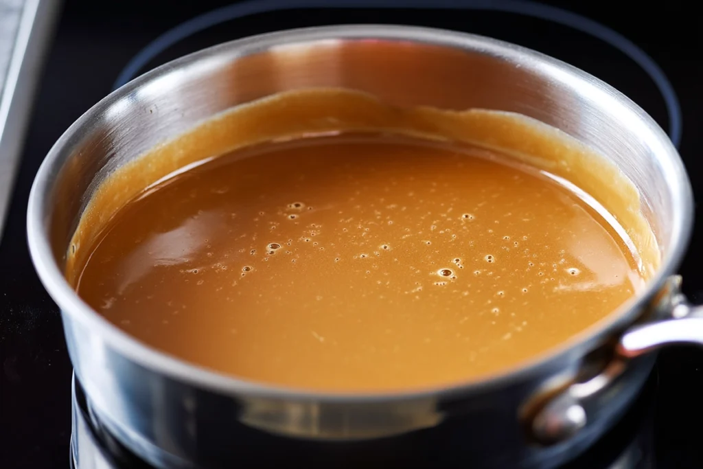 Cooking homemade butterscotch topping for Butterscotch Pecan Cheesecake