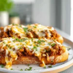 Homemade cheesy garlic bread sloppy joe melt served on modern plate in bright kitchen