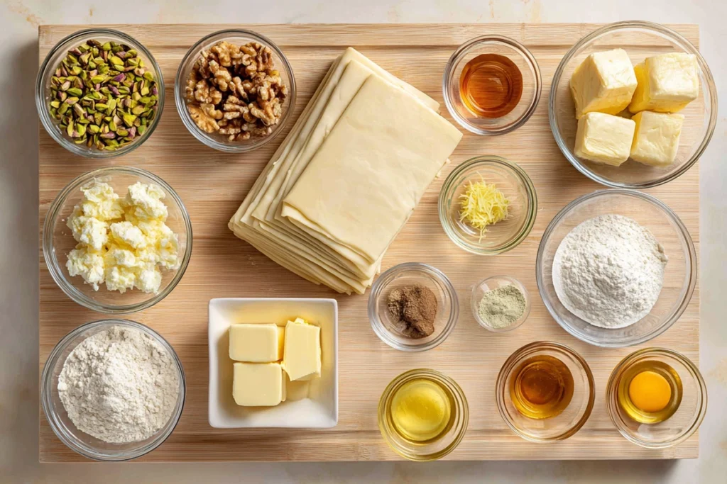 Ingredients for Honey Baklava Cheesecake arranged overhead on a kitchen counter