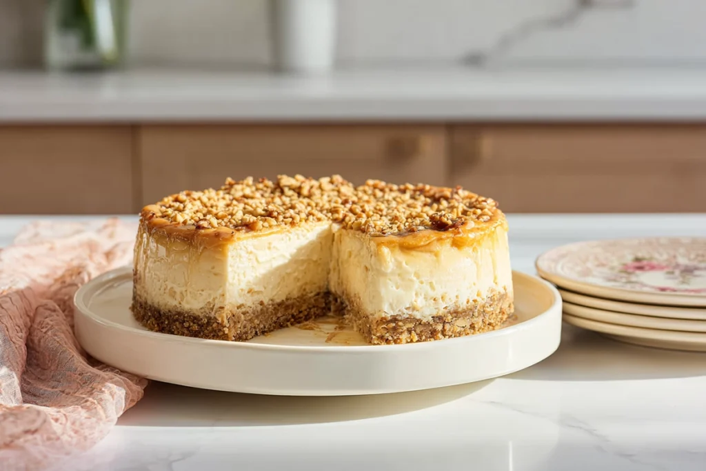 Slice of Honey Baklava Cheesecake showing flaky nut crust and creamy filling