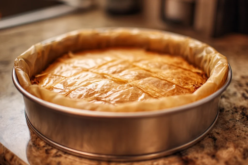 Honey syrup soaking into baked baklava crust for Honey Baklava Cheesecake