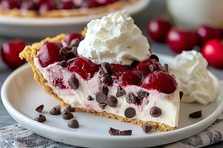 Irresistible No Bake Cherry Chocolate Chip Pie on a modern plate in a cozy home kitchen