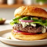 Jalapeño burgers with gorgonzola served fresh on a modern plate