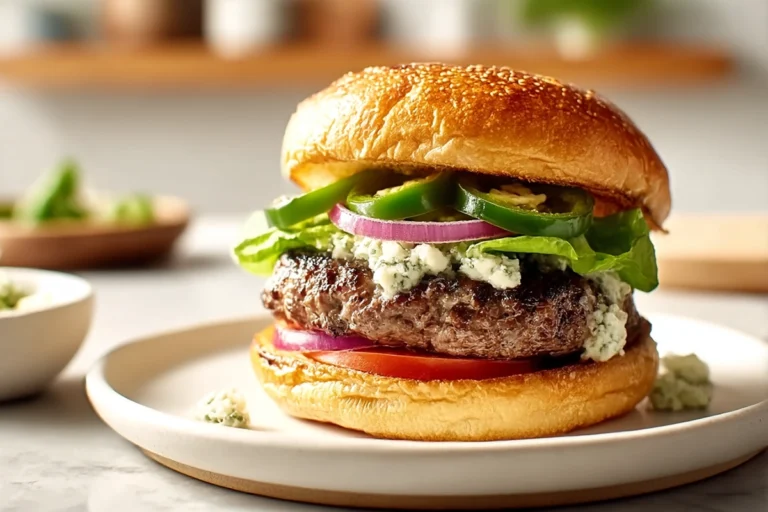 Jalapeño burgers with gorgonzola served fresh on a modern plate