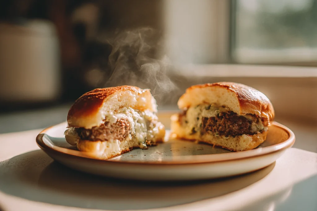Jalapeño burgers with gorgonzola cut open and ready to eat