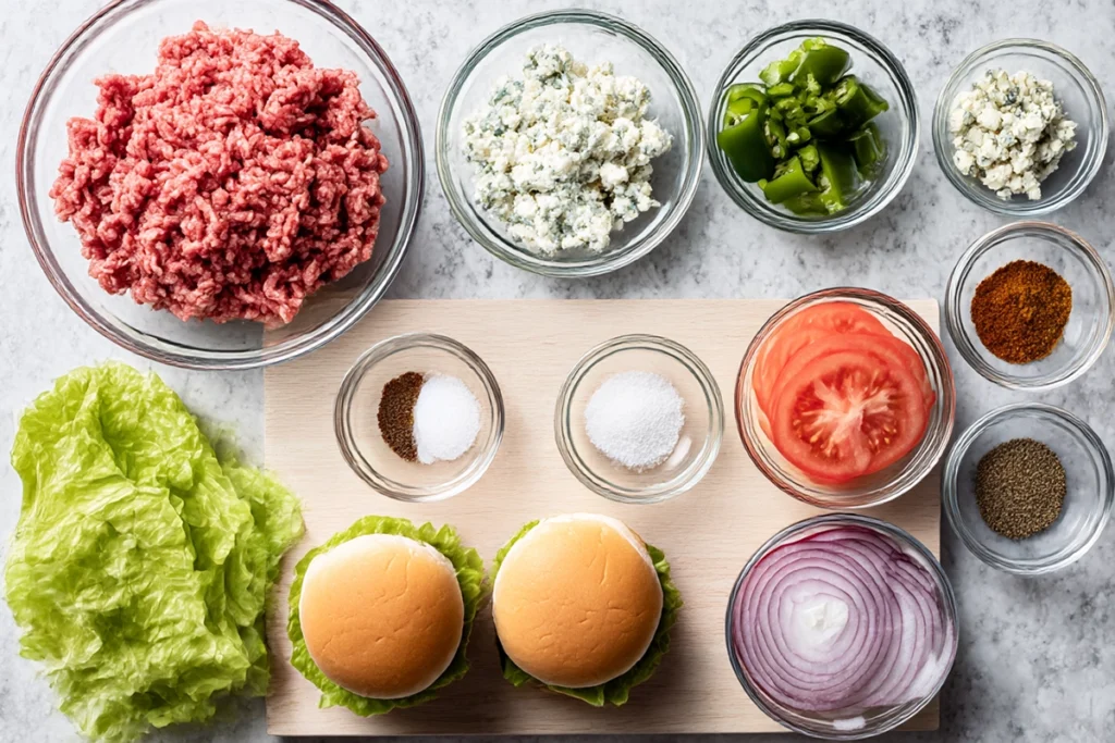 Ingredients for jalapeño burgers with gorgonzola arranged overhead