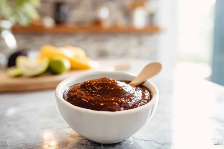 Homemade Jamaican jerk sauce in a white bowl, freshly blended and ready to use