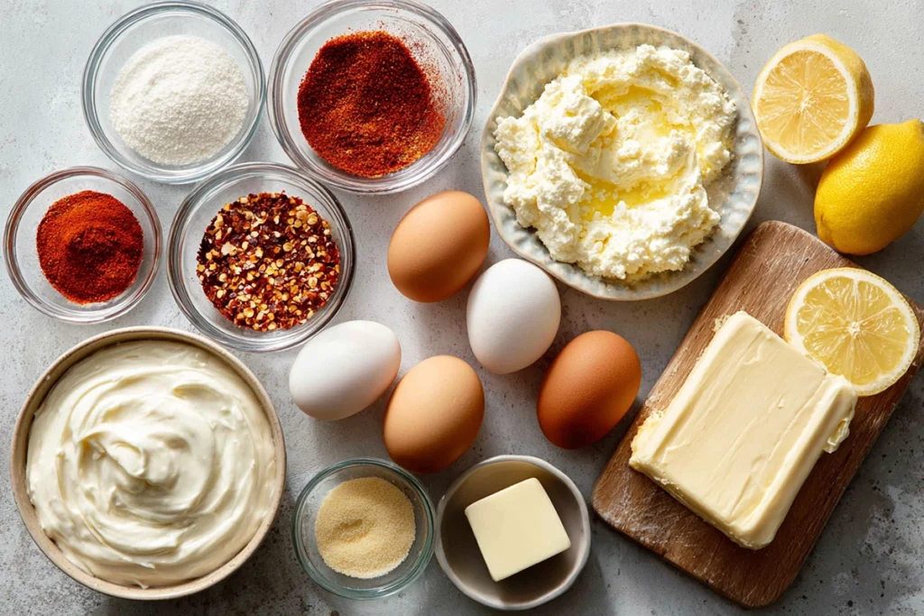 overhead shot of ingredients for jammy eggs with chili butter and garlic yogurt