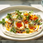hero image of jammy eggs with chili butter and garlic yogurt served in a modern kitchen