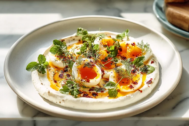 hero image of jammy eggs with chili butter and garlic yogurt served in a modern kitchen