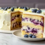 Lemon Blueberry Cheesecake Cake slice with creamy cheesecake layer and lemon frosting