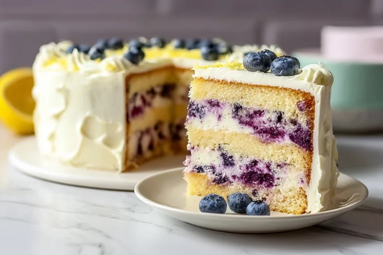 Lemon Blueberry Cheesecake Cake slice with creamy cheesecake layer and lemon frosting
