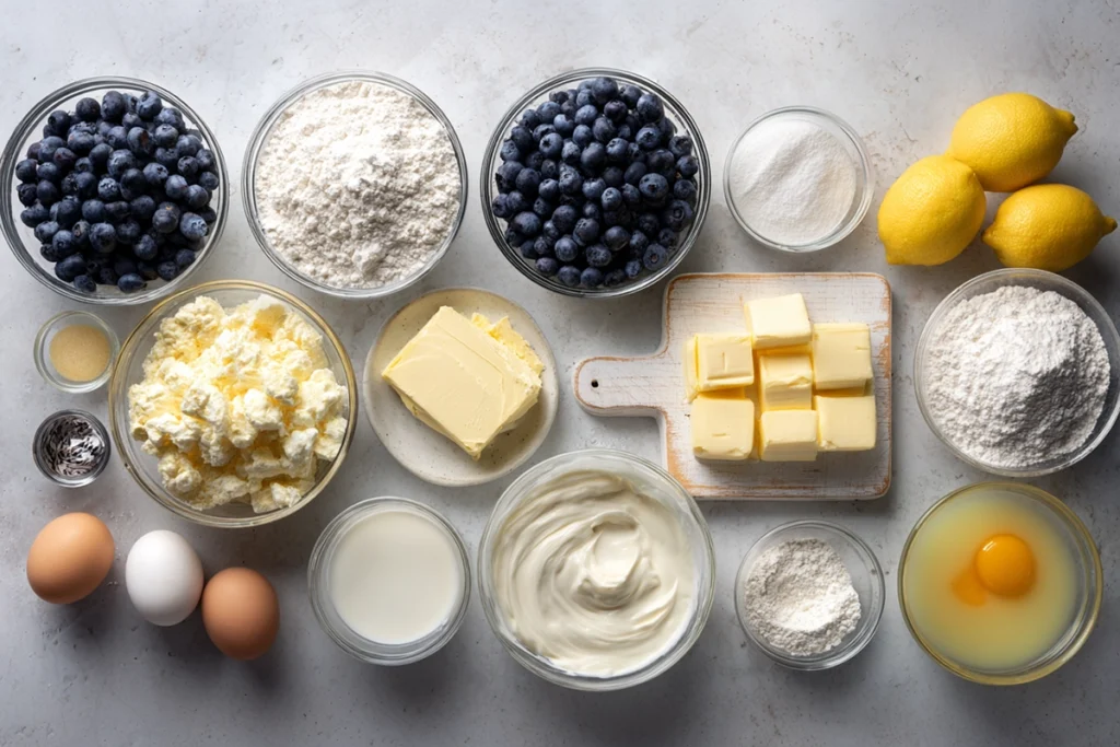 Ingredients for Lemon Blueberry Cheesecake Cake arranged on a kitchen counter