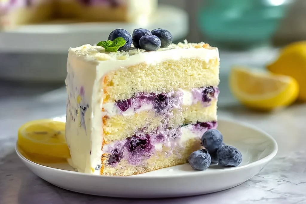 Sliced Lemon Blueberry Cheesecake Cake showing creamy layered interior