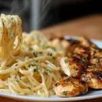 Lemon Garlic Butter Chicken with Creamy Parmesan Pasta served on a modern ceramic plate