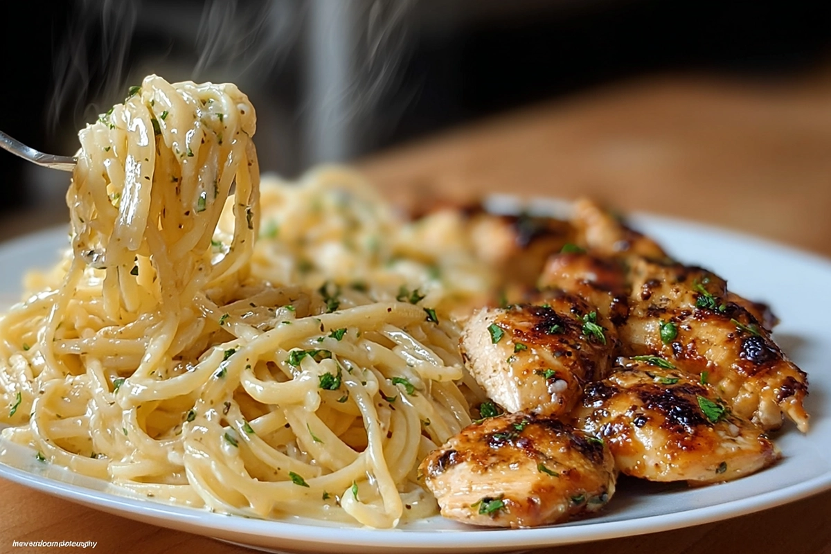 Lemon Garlic Butter Chicken with Creamy Parmesan Pasta served on a modern ceramic plate