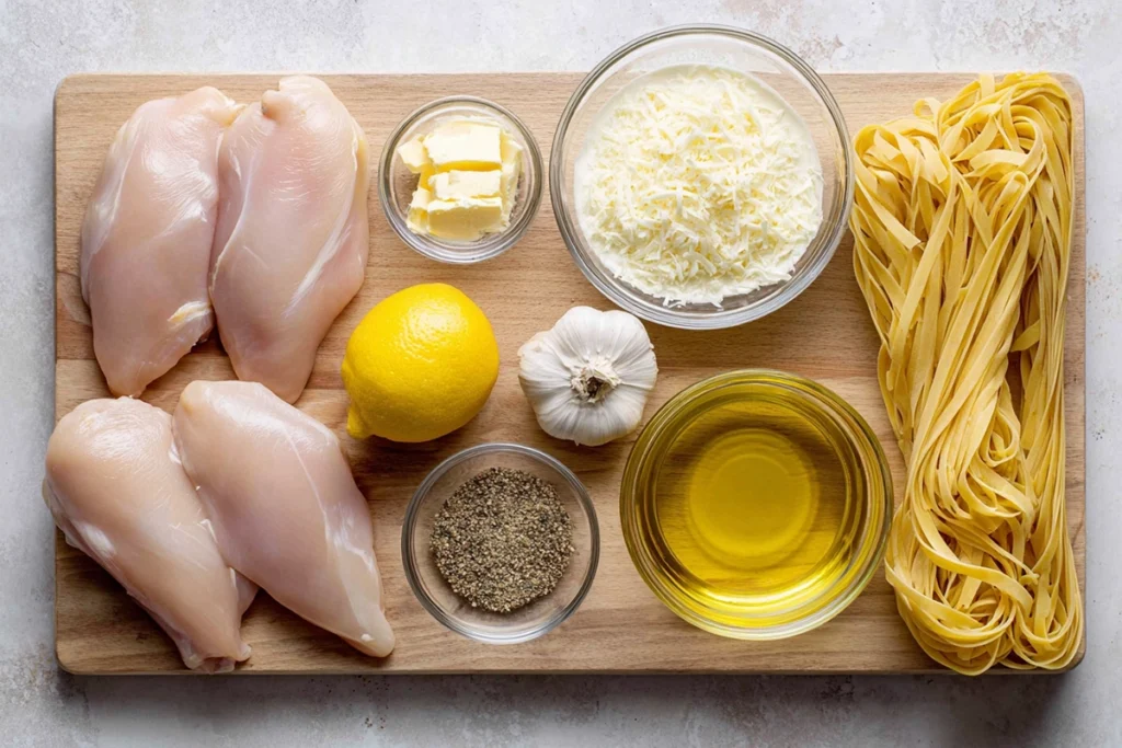 Lemon Garlic Butter Chicken with Creamy Parmesan Pasta for Cozy Nights In 7 Ingredients for Lemon Garlic Butter Chicken with Creamy Parmesan Pasta arranged overhead