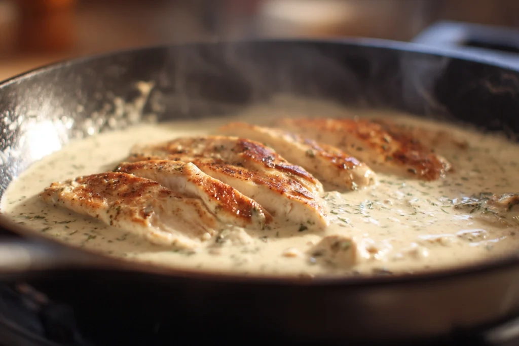 Lemon Garlic Butter Chicken with Creamy Parmesan Pasta for Cozy Nights In 9 Creamy parmesan sauce simmering for Lemon Garlic Butter Chicken with Creamy Parmesan Pasta