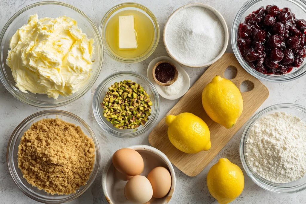 Ingredients for Luscious Lemon Lime Cherry Pistachio Cheesecake arranged overhead