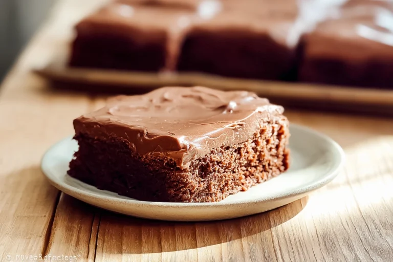 Lunch Lady Brownies with soft cake texture and smooth chocolate frosting on a ceramic plate