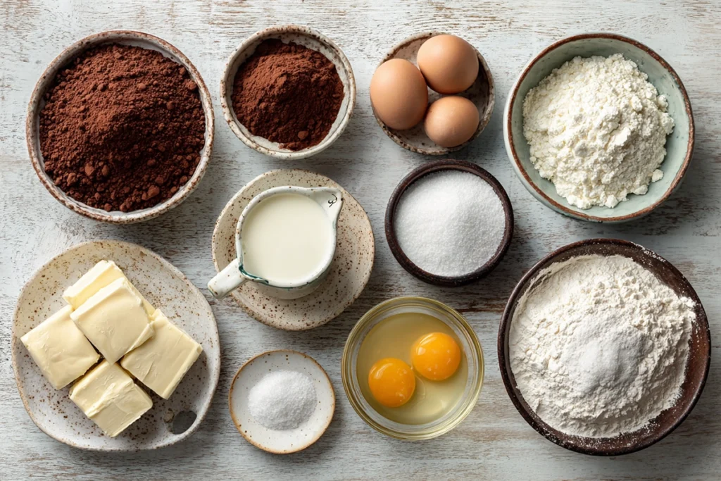 Ingredients for Lunch Lady Brownies arranged on a wooden counter in a cozy kitchen