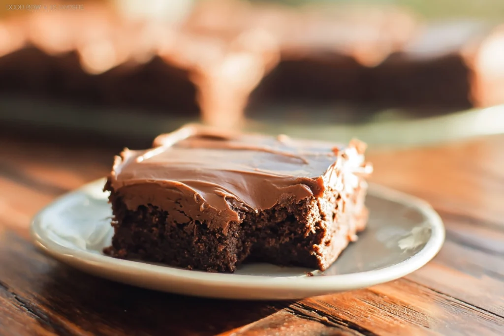 A bitten slice of Lunch Lady Brownies showing soft cake texture and frosting