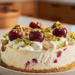 Luscious Lemon Lime Cherry Pistachio Cheesecake on a modern plate in a cozy home kitchen