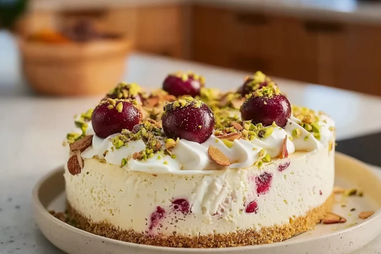 Luscious Lemon Lime Cherry Pistachio Cheesecake on a modern plate in a cozy home kitchen