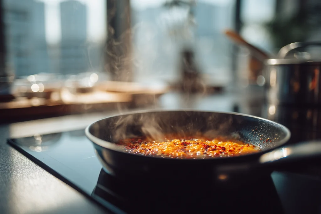 close-up step photo of chili butter being prepared for jammy eggs recipe