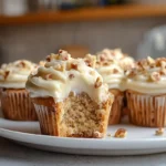 Maple Pecan Cinnamon Roll Cupcakes topped with maple buttercream and toasted pecans