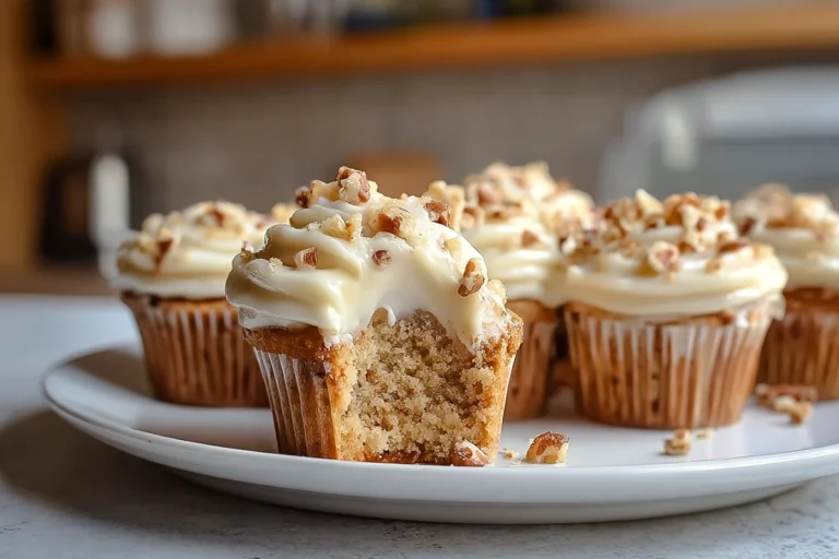 Maple Pecan Cinnamon Roll Cupcakes topped with maple buttercream and toasted pecans